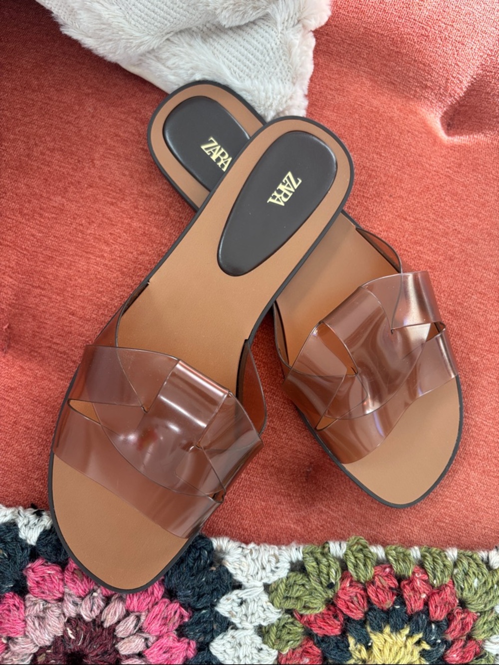 🆕ZARA | Women’s Brown Clear Jelly Crossover Slide Sandals 38
